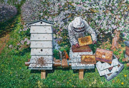 Painting of a beekeeper and hives